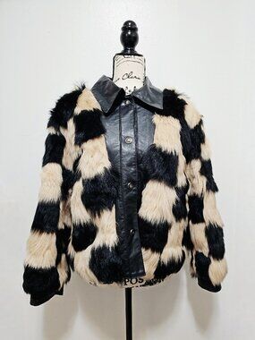 New Real Sheepskin Toscana Long-hair Lamb Fur Jacket Checkerboard Beige Black